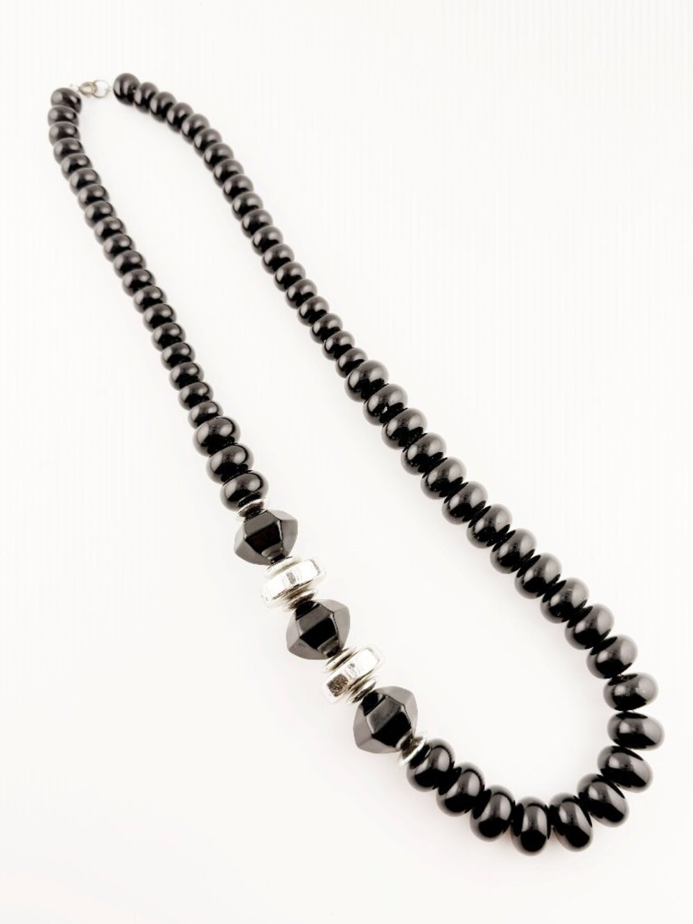 Vintage Black Beaded Necklace Geometric Silver Accent Spacers Art Deco Style 25"